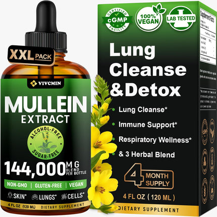 vivcmin Mullein Drops for Lungs, 120 Servings, Respiratory & Immune Support, Lung Detox for Smokers Tincture, Mullein Leaf Extract for Lung Cleanse, 4 fl oz
