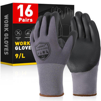 FURWEY Safety Work Gloves,16 Pairs Micro-Foam Nitrile Coated Glove for Men and Women, Touchscreen, Ideal for Warehouse Package Handling，Construction, Gardening, (Large,Gray）