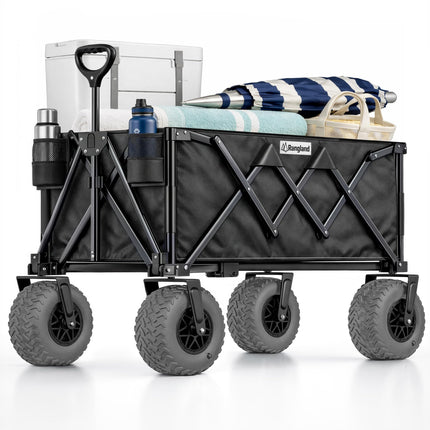 Beach Wagon with Heavy-Duty 10" Air Tires - All Terrain Folding Cart with Big Wheels for Sand and Gravel - 300 LB. Capacity (Black)