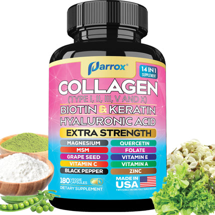 Parrox Collagen Peptides Types I, II, III, V & X, MCG Biotin, Keratin, Hyaluronic Acid, MSM, Zinc, Grape Seed Extract, Quercetin, Vitamin A, Vitamin C, Vitamin E, Magnesium, Folic Acid (180 Capsules)