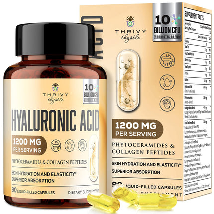 ThrivyThystle 19-in-1 Hyaluronic Acid Capsules - Hylunaric Acid 1200 mg, with Collagen Peptides, Vitamin C, Phytoceramides - for Skin, Eyes, Gastrointestinal, Bones Support (1 Pack)