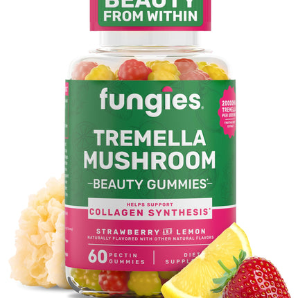 Fungies Tremella Mushroom Gummies, Mixed Strawberry & Lemon Flavor - Mushroom Herbal Supplement Gummy for Adults Supports Collagen Synthesis, Healthy Skin & Healthy Aging - Beauty Gummies 60 Servings