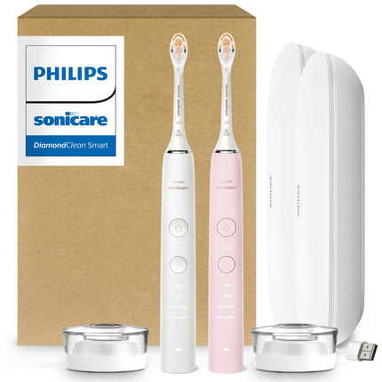 Philips Sonicare DiamondClean 9000 Electric Toothbrush - Sonic Toothbrush with App, Pressure Sensor, 12 Brushing Settings, Replacement Reminder, Charging Travel Case, White & Pink, 2-Pack, HX9912/72