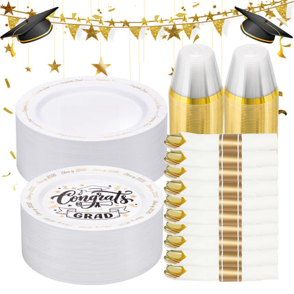 Goodluck 350 Piece Graduation Gold Plastic Dinnerware Set for 50 Guests, Congrats Grad Disposable Plates Include: 50 Dinner Plates, 50 Dessert Plates, 50 Cups, 50 Pre Rolled Napkins with Silverware