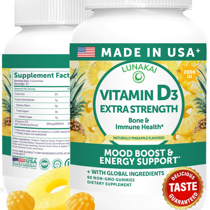 Lunakai USA Made Vitamin D3 Gummies 2000 IU - Non-GMO, Gluten-Free Vitamin D Gummies for Women & Men - Bone, Immune & Energy Support, 60ct