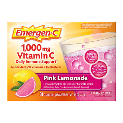 Emergen-C 1000mg Vitamin C Immune Support Powder Pink Lemonade 30CT includes Zinc, Manganese, 7 B Vitamins and Electrolytes for Back to School Essentials