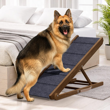 PATHOSIO PETS Adjustable Dog Ramp for Bed - 39" Long Foldable Wooden Ramp for Dogs to Get on Bed, Couch, or Car with 13.4" Wide Walking Space (Walnut Wood with Gray Carpet, Medium)