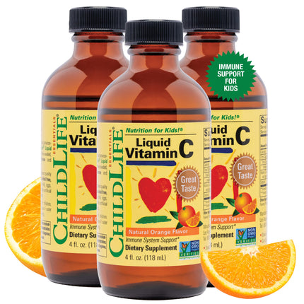 CHILDLIFE ESSENTIALS Liquid Vitamin C - Pure Vitamin C Liquid Supplement for Kids, Toddlers, & Babies, Immune System Support, Low Sugar, Natural Orange Flavor - 4 Fl Oz (Pack of 3)