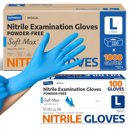 Supmedic Nitrile Exam Glove, 3.5 mil Disposable Medical Gloves Powder-Free Latex-Free Food Safe Cleaning Cooking,1000 pcs Blue (Large)