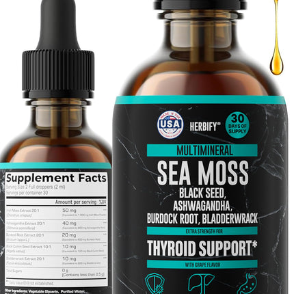 Thyroid Support Supplement with Sea Moss, Bladderwrack, Ashwagandha, Black Seed & Burdock Root - Natural Iodine for Healthy Thyroid Function, Energy & Metabolism - Grape Flavor, 2 Fl Oz, Made in USA