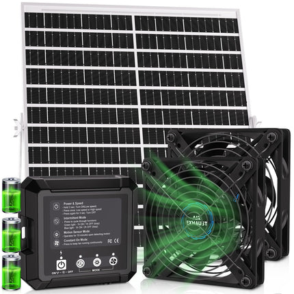 Solar Powered Fan for Chicken Coop, 25W Solar Panel, 2 * 4.7" Fans, 3 Smart Mode, Solar Exhaust Fan for Chicken Coop, Shed, Pet House