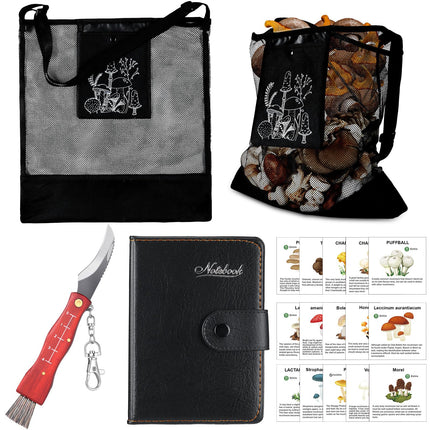Seajan 18 Pcs Mushroom Foraging Kit with Hunting Bag, Knife Brush Guide Cards and Notebook for Mushroom Lovers(Black)