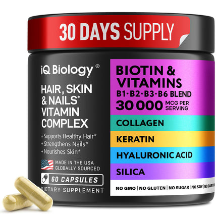 Biotin 10,000 mcg Supplement for Hair Growth with Collagen & Keratin for Hair Loss & Thinning Hair - Hair Skin and Nails Vitamins for Women & Men - Healthy Regrowth, Skin Glow & Nail Repair - 60 Caps