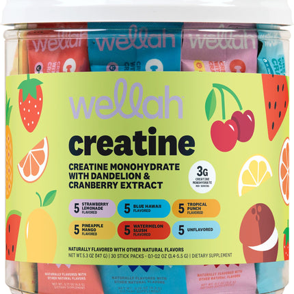 Wellah Creatine for Women (Variety Pack) 30 Stick Packs - 3g of Creatine Monohydrate Powder with Dandelion & Cranberry Extract, 6 Flavors, to-Go Packets