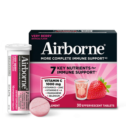 Airborne 1000mg Vitamin C with Vitamin D + Zinc Sugar Free Multivitamin Immune Support Effervescent Fizzy Drink Tablets, Very Berry Flavor with Powerful Antioxidants VIT A C & E, 30 Tablets