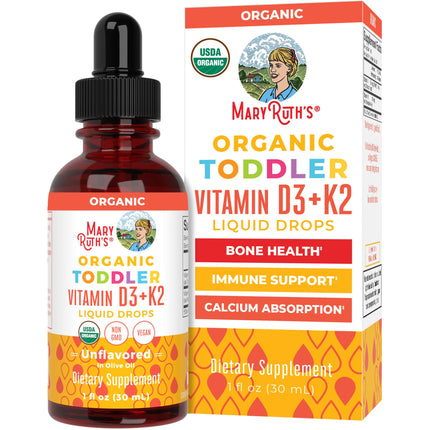 MARYRUTH'S Organics Vitamin D3 | Vitamin K2 | Vitamin D3 K2 Drops | K2 D3 Vitamin Liquid Supplement for Toddlers | Kids Supplement for Calcium Absorption Strong Bones | Vegan | Gluten Free | 1 Fl Oz
