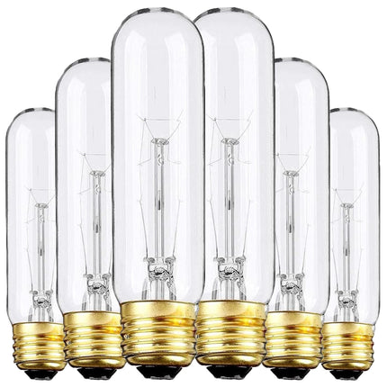 Weyolin Edison Light Bulbs,120V, E26 Base, T10 Tubular Bulbs, 25W Clear Incandescent, Warm White, Dimmable Vintage Tubular Style Showcase Bulb (6-Pack)