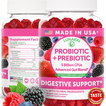 Lunakai USA Made Prebiotic + Probiotic Gummies for Women and Men - High Potency 5 Billion CFUs with Fibers - Non-GMO Gut Health Support 60ct