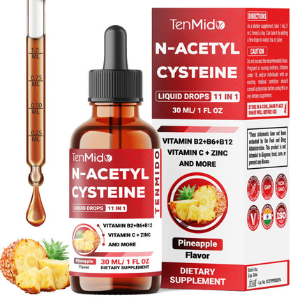 Tenmido 11in1 Nac Supplement N-Acetyl Cysteine Liquid Drops with Quercetin, B-Complex, Selenium, Glutathione, Bromelain, Milk Thistle, and More - 30ml 1 Fl Oz