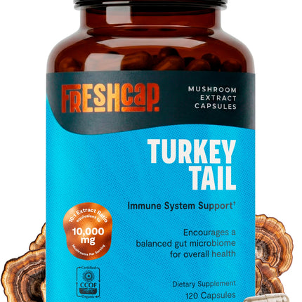 FreshCap Mushrooms Premium Organic Turkey Tail Supplement Capsules - 10:1 Fruiting Body Extract with 35% Beta-Glucans - 3rd-Party Tested - Supports Daily Immunity and Gut Resilience (120 Capsules)