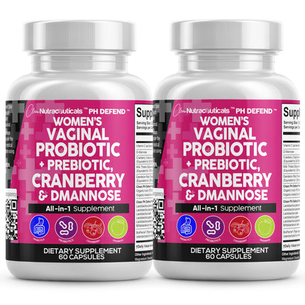 Clean Nutraceuticals Vaginal Probiotics for Women + Prebiotics 20 Billion Cranberry Pills w D-Mannose 500 mg for Urinary Tract Health pH Balance - for Vaginal Health Supplements Pills - 2Pack