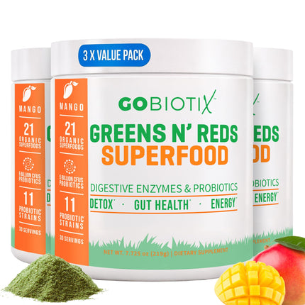 GOBIOTIX Super Greens Powder with Beet Root, Spirulina, Moringa & Chlorella – Probiotics, Enzymes & 21 Superfoods – Zero Sugar, Vegan, Non-GMO – 90 Servings, 3-Pack (Mango)