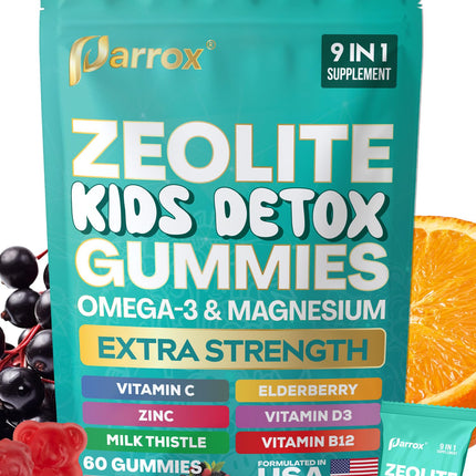 Parrox Zeolite Kids Gummies, 9-in-1 with Zeolite, Omega-3, Magnesium, Elderberry, Vitamin C, Milk Thistle, Vitamin D3, Zinc, B12 – Sugar-Free (60 Gummies – Mixed Berry Flavor)