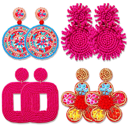 4 Pairs Beaded Earrings for Women Boho Geometric Beaded Dangle Earrings Statement Pineapple Flower Drop Earrings Colorful Summer Earrings Set Jewelry Gift (Style C)