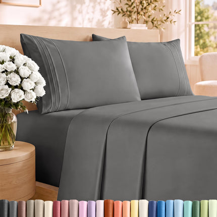 Queen Size 4 Piece Sheet Set - Breathable & Cooling Sheets - Dark Grey