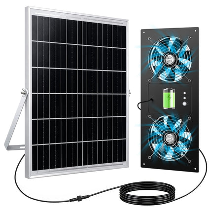 ropelux Solar Fan for Chicken Coop, Solar Powered Dual Exhaust Fans with 18000mAh Battery & 2 Timers, 24/7 Strong Airflow Cooling Ventilation for Greenhouses, Dog Houses, Attics, Sheds, Cabins