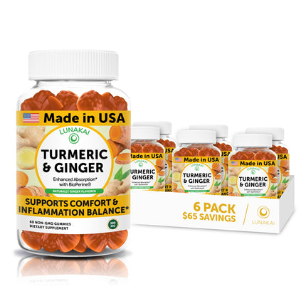 Lunakai USA Made Turmeric and Ginger Supplement Gummies 500mg with Black Pepper – High Absorption Curcumin Turmeric Gummies for Joint Comfort, Daily Immune Support, Non-GMO - 6 Pack
