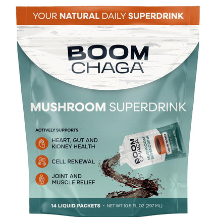 BOOM Chaga Mushroom Superdrink | Chaga Extract Liquid Concentrate | Immune Support, Antioxidants, Beta-Glucans, Bioavailable Organic Supplement, Oxalate-Free Mushroom Drink, 14 Single-Serving Packets