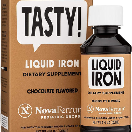 NovaFerrum Tasty | Pediatric Drops Liquid Iron Supplement for Infants, Toddlers & Kids | 15mg of Iron Per 1mL Dose | Ages 4 & Under | Gluten Free | Sugar Free | Chocolate Flavored | 120 Servings