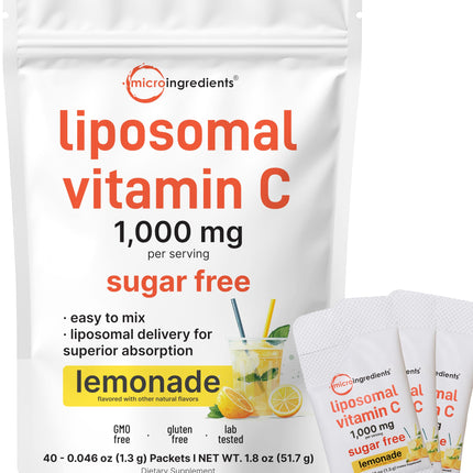 Micro Ingredients 1,000mg Vitamin C Powder for Daily Use | Liposomal Fat-Soluble Form for Better Absorption | Sugar-Free Lemonade Drink Mix | 40 Travel Packets, Fast-Dissolving