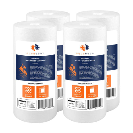 Aquaboon 5 Micron 10 x 4.5 Well Water Sediment Filter Replacement Whole House Water Filter Cartridge Compatible with DGD-5005, WFHD13001B, 4-Pack