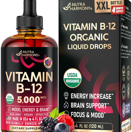 USDA Organic Vitamin B12 Sublingual Drops - 5000 mcg Liquid Vegan Methylcobalamin for Women & Men - Energy Boost, Focus & Mood, Brain Health Support - Maximize Absorption - 4 Month Supply, 4 fl oz
