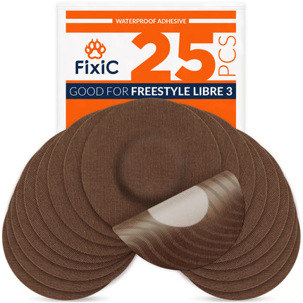 Fixic Libre 3 Sensor Covers - 25 Pack - Freestyle Adhesive Patches for Libre 3 & Plus Sensors - No Glue in the Center - Pre-Cut Back Paper - The Best Fixation for Your Sensor! (Upgraded, Coffee)