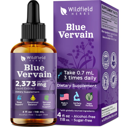 WILDFIELD HERBS 4 Oz Blue Vervain Extract Liquid Drops - Mood & Calm Support | 2 Month Supply | - Made in USA - Blue Vervain Herb Supplement - Alcohol & Sugar Free