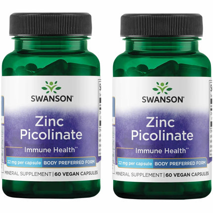 Swanson Zinc Picolinate Chelated Mineral Supplement for Adults Seeking Immune, Vision, and Prostate Support - Body-Preferred Form - 22 mg (60 Vegan Capsules, 2 Pack)