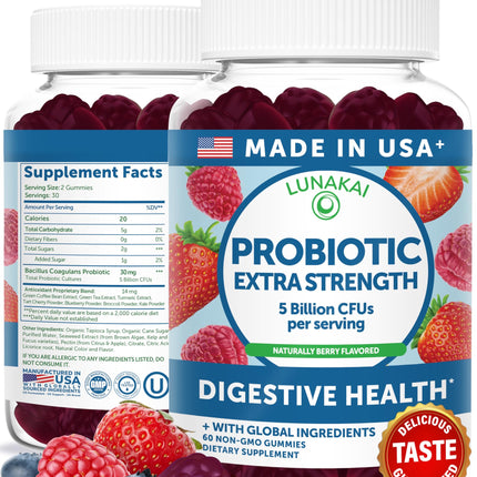 Lunakai USA Made Probiotic Gummies - 5 Billion CFUs, Vegan, Non-GMO, Gluten-Free - Digestive & Immune Support for Women & Men - 60 Chewable Gummies