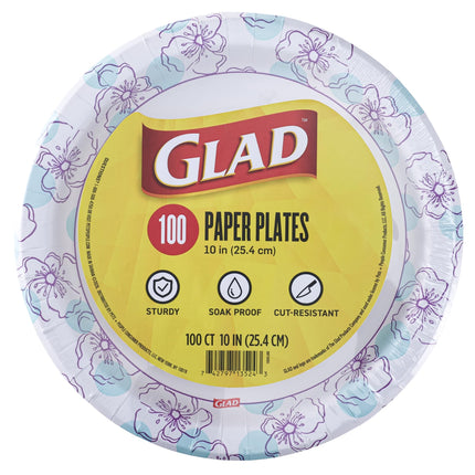 Glad Round Disposable Paper Plates, Blue Flower Design, 10 Inch, 100 Count – Soak-Proof & Cut-Resistant – For Dinner, Snacks & Everyday Use
