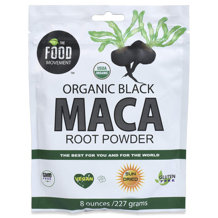 The Food Movement Co. Black Maca 8 oz Raw Food Powder - Organic, Non-GMO, Vegan, Gluten Free- Black Maca Root Supplement for Whole Body Wellness