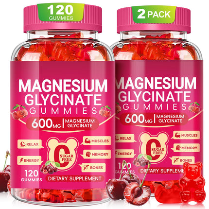 Magnesium Glycinate Gummies 600mg, Chewable Sugar Free Magnesium L-threonate Gummies with Vitamin D, B6, and CoQ10 for Sleep, Relaxation, Brain and Muscle, 60 Days Supply for Men & Women
