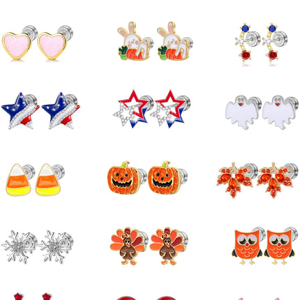 18 Pairs Hypoallergenic Flat Back Holiday Earrings Set for Girls Women