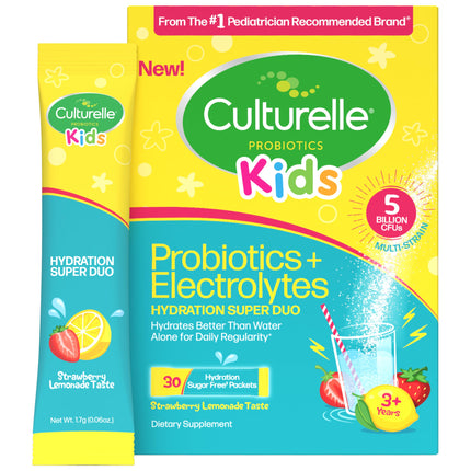 Culturelle® Kids Probiotics and Electrolytes Hydration Super Duo, Strawberry Lemonade, Sugar Free‡ Powder Packets for Immune and Digestive Support, 30 Count