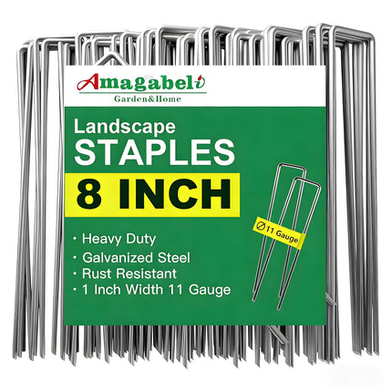 AMAGABELI 8 Inch 200 Pack Galvanized Landscape Staples 11 Gauge Anti-Rust Heavy Duty Garden Stakes Plant Cover Spikes U-Shaped Sod Pins Fence Stakes for Weed Barrier,Irrigation Tubing,Lawns,Decoration
