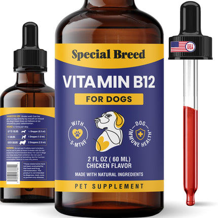 Special Breed Liquid Vitamin B12 for Dogs – Methylcobalamin and 5-MTHF – Boosts Energy, Appetite, Mood & Immune System Support, Easy-to-Use Dropper - Chicken Flavor, 2 fl oz