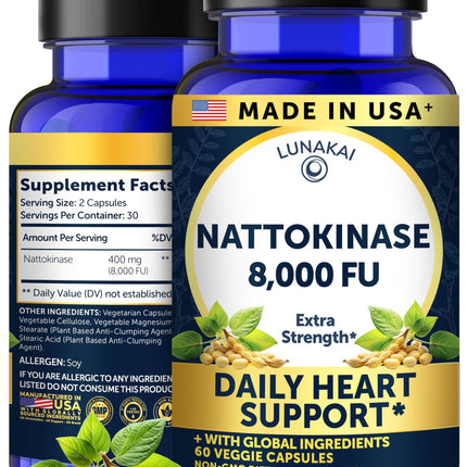 Lunakai USA Made Nattokinase Supplement – 400mg Natto Enzyme, 8000 FU per Serving – Heart & Circulation Support – Non-GMO, 60ct, 4000 FU Capsule