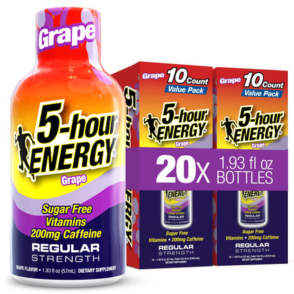 5-hour ENERGY GRAPE Flavor, 20 Count, 1.93 Fl Oz Energy Shot, Regular Strength, Amino Acids, B Vitamins, Sugar Free and Zero Calories