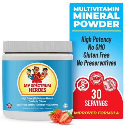 My Spectrum Heroes Kids Powder Multivitamin - Strawberry Powder Supplement, Better Absorption, Non-GMO, Non-Gluten, No Artificial Ingredients - Neural Help for Children on The Spectrum - 30 Servings